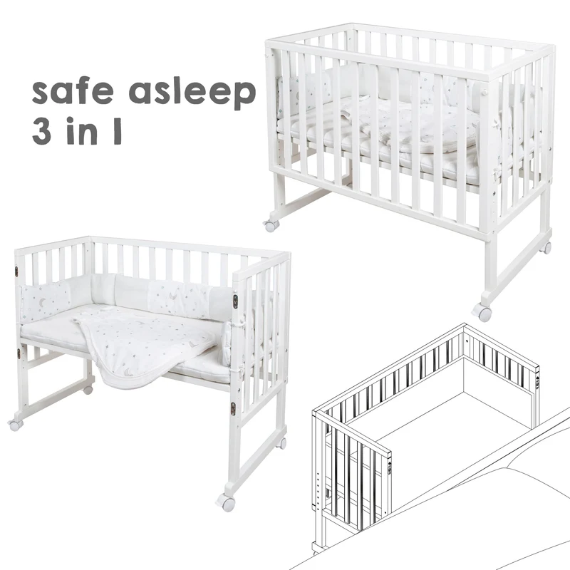 Stubenbett 'safe asleep®' 3 in 1, 'Sternenzauber', Beistellbett weiß, Babybett & Bank, inkl. Zubehör