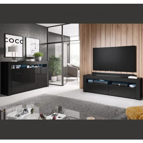 Buffet modèle Aker en noir brillant - 155 x 91 cm