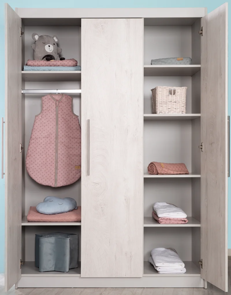 Kleiderschrank 'Maren 2', 3-Türen, 6 Böden, Drehtürenschrank, Lichtgrau & Weiß