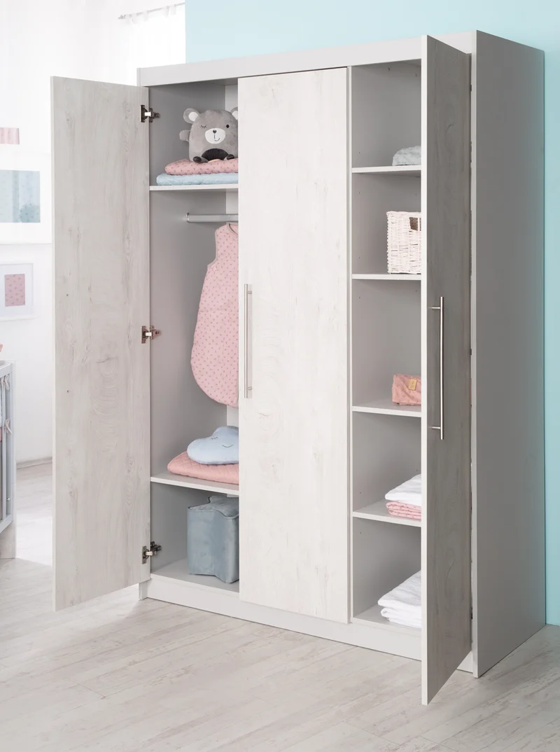 Kleiderschrank 'Maren 2', 3-Türen, 6 Böden, Drehtürenschrank, Lichtgrau & Weiß