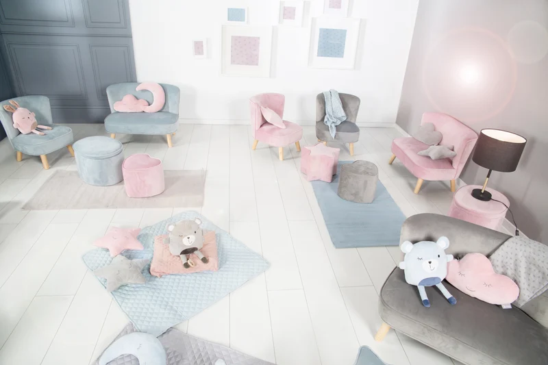 Kinderhocker mit Aufbewahrungsfunktion 'Lil Sofa', oval, bequem, mit Samtstoff, Sky/Hellblau
