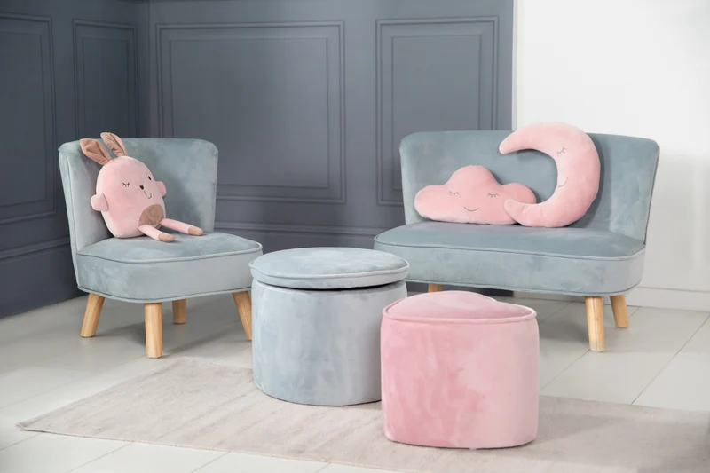 Kinderhocker mit Aufbewahrungsfunktion 'Lil Sofa', oval, bequem, mit Samtstoff, Sky/Hellblau
