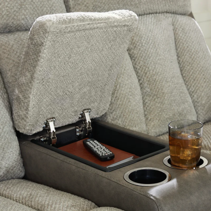 Causeuse inclinable motorisée en tissu/aspect cuir gris avec console, lombaire chauffant et massant - Branthorpe