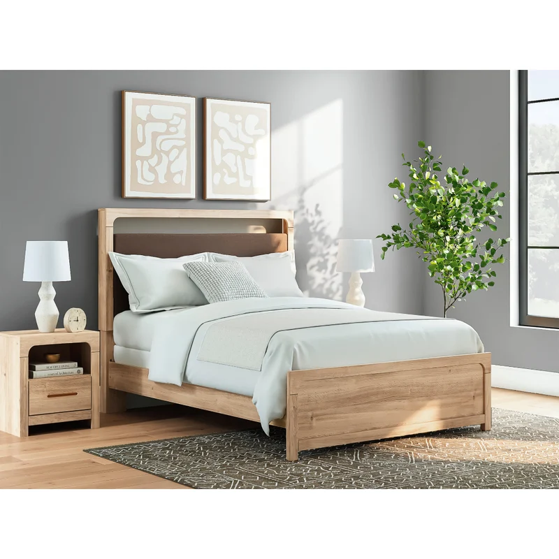 Lit complet avec tête rembourrée en tissu brun et bois/MDF beige Grand / Très grand - Kinlanni
