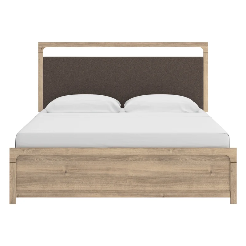 Lit complet avec tête rembourrée en tissu brun et bois/MDF beige Grand / Très grand - Kinlanni