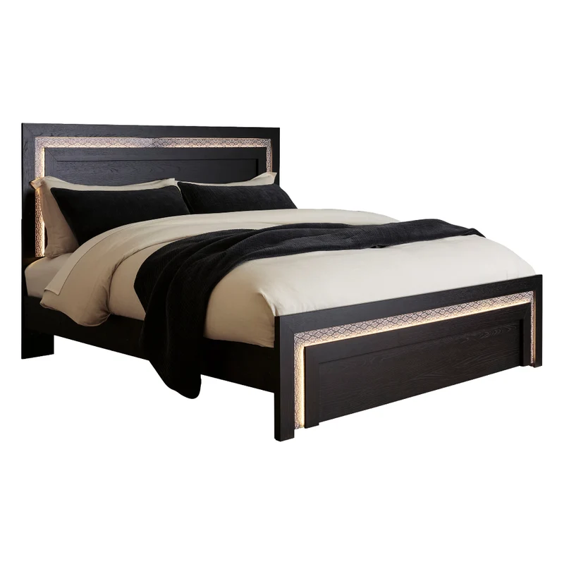 Lit complet en bois/MDF noir avec éclairage DEL intégré Double / Grand / Très grand - Shoralli