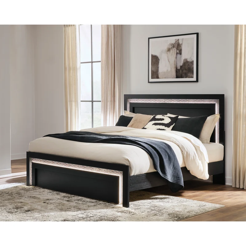 Lit complet en bois/MDF noir avec éclairage DEL intégré Double / Grand / Très grand - Shoralli