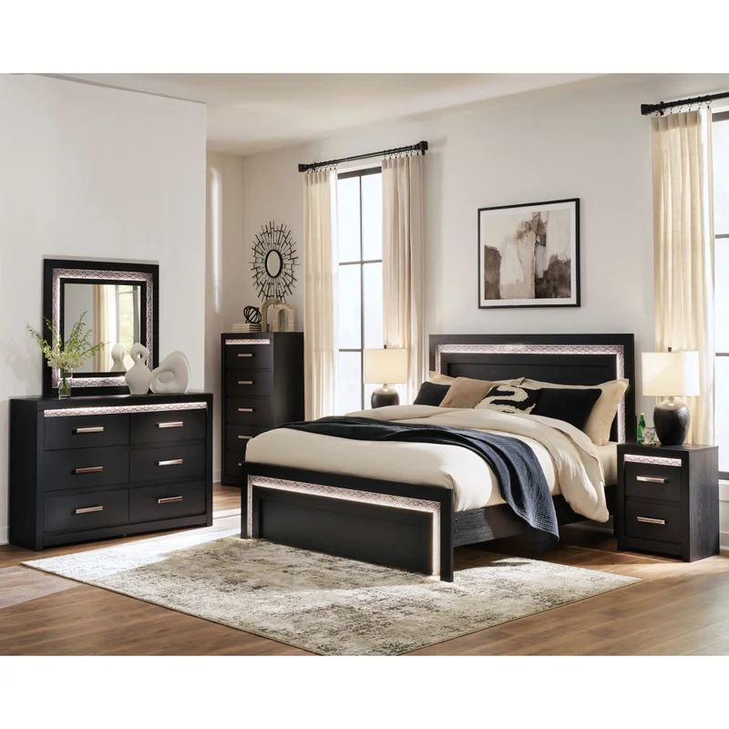 Lit complet en bois/MDF noir avec éclairage DEL intégré Double / Grand / Très grand - Shoralli
