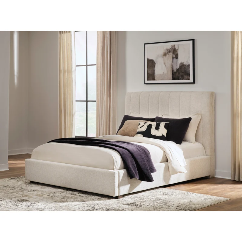 Lit complet rembourré en tissu beige Grand / Très grand - Shoralli