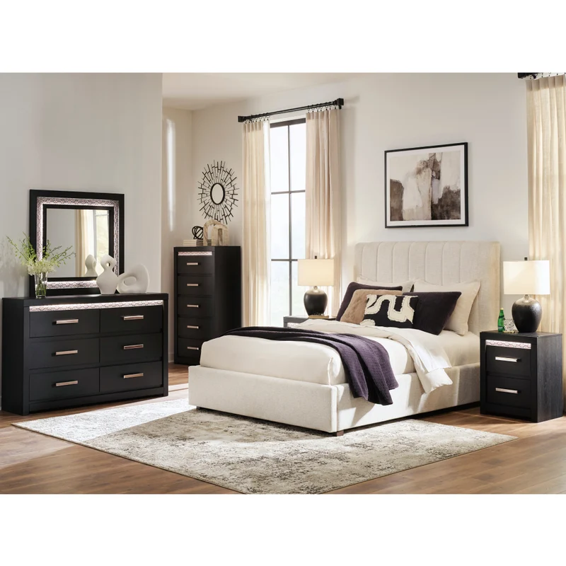 Lit complet rembourré en tissu beige Grand / Très grand - Shoralli