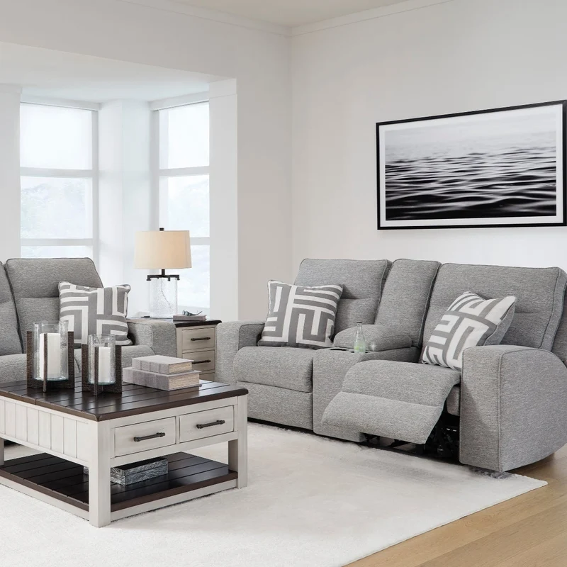 Causeuse inclinable motorisée zéro gravité en tissu Nuvella gris pâle avec console - Biscoe