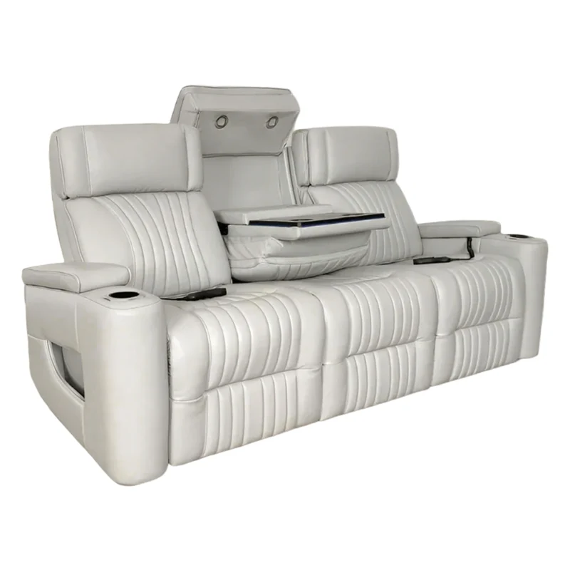 Sofa inclinable motorisé zéro gravité en cuir gris pâle avec table centrale rabattable - K2180