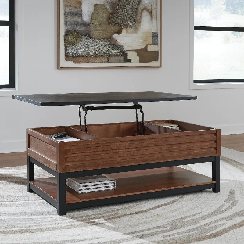 Table basse en bois/MDF bicolore avec plateau relevable - Kallari