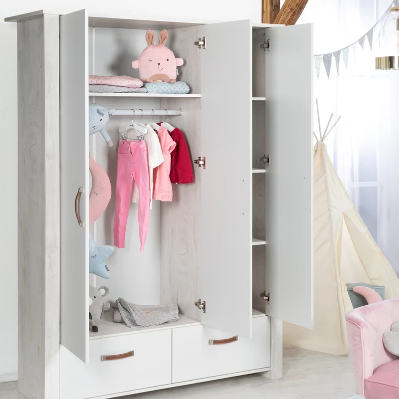 Kleiderschrank 'Mila', 3 Türen, 2 Schubladen, Soft Close-Technik, Drehtürenschrank, grau/weiß