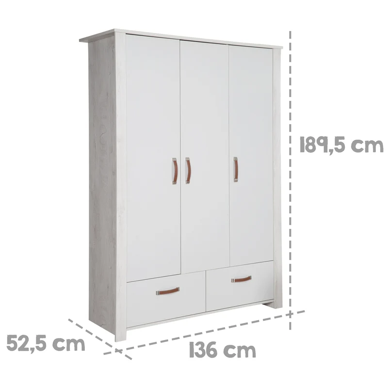 Kleiderschrank 'Mila', 3 Türen, 2 Schubladen, Soft Close-Technik, Drehtürenschrank, grau/weiß