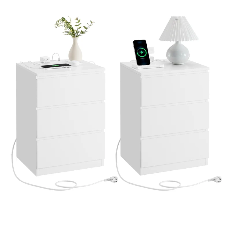 KAILYN Colección - Mesita de Noche con Estación de Carga con Cajones Puertos USB