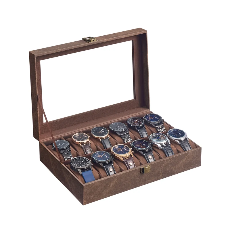 Caja de Relojes con Tapa de Cristal Cojín Extraíble Cierre Metálico Regalo