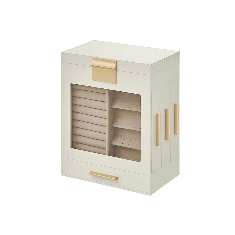 Caja Joyero para Joyas Ventana de Cristal Cajones Laterales Espejo Grande Moderno