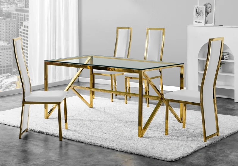 Table en verre et 6 chaises simili-cuir doré – Jessy