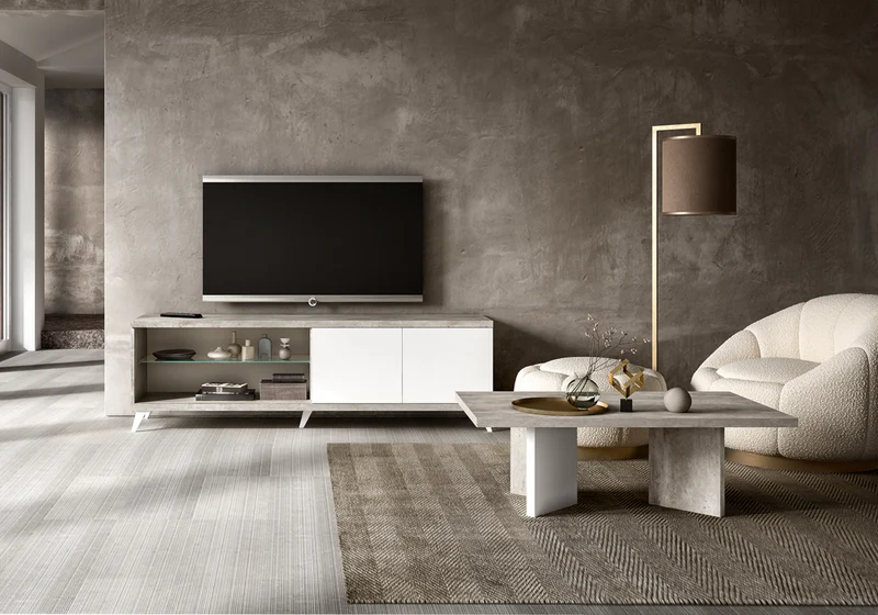 Meuble TV 200 cm blanc laqué béton avec niche – Treviso