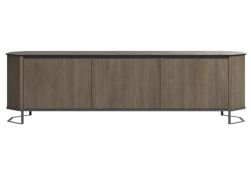 Meuble tv banc bois miel rainure - Hexagon