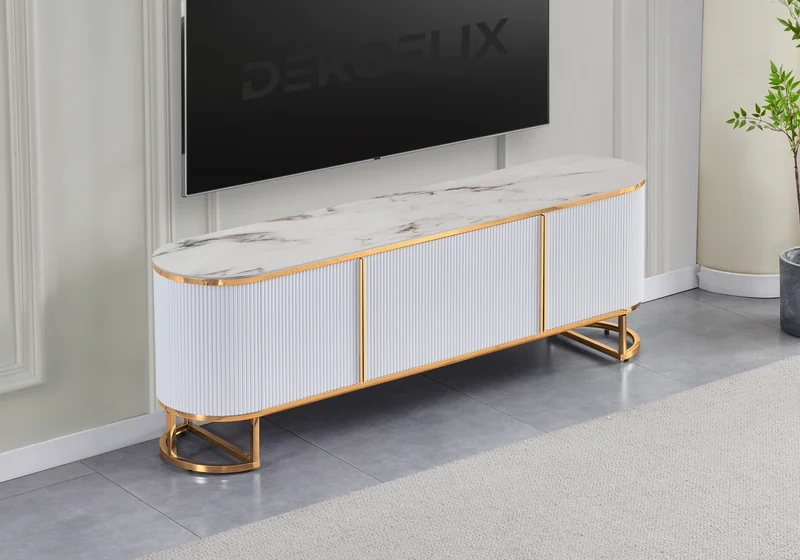 Meuble TV ovale cannelé marbre beige doré - Nalia