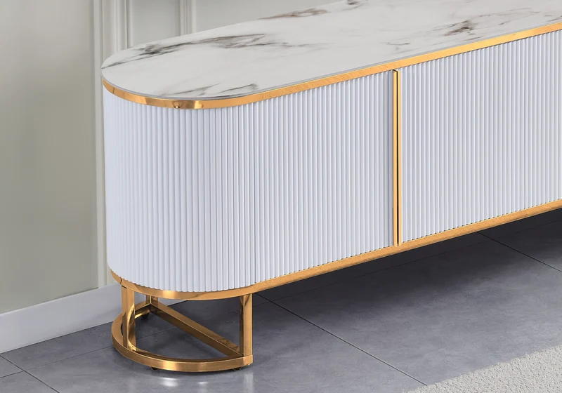 Meuble TV ovale cannelé marbre beige doré - Nalia