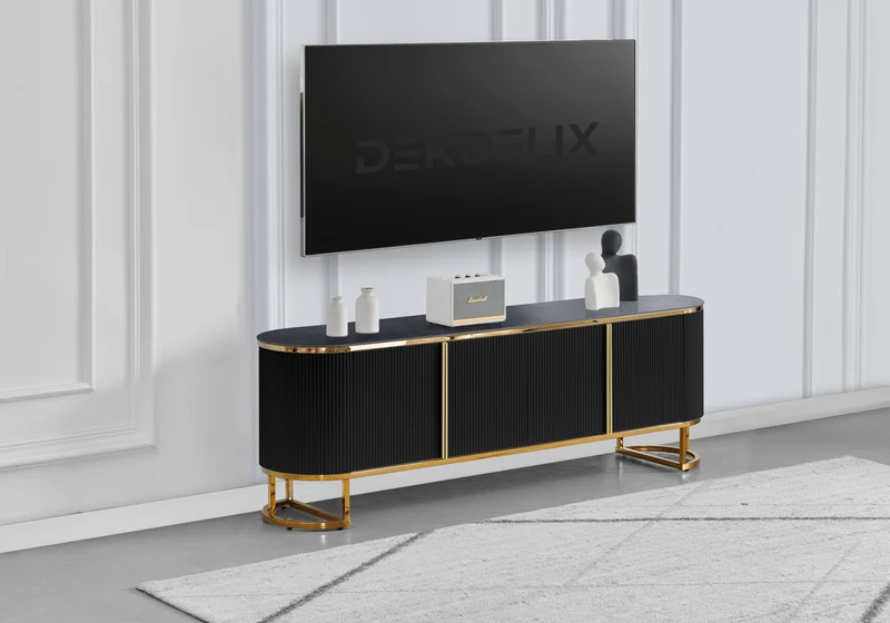 Meuble TV ovale cannelé marbre noir doré - Nalia