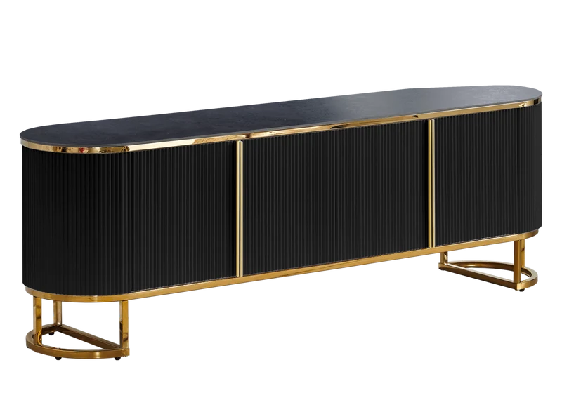 Meuble TV ovale cannelé marbre noir doré - Nalia