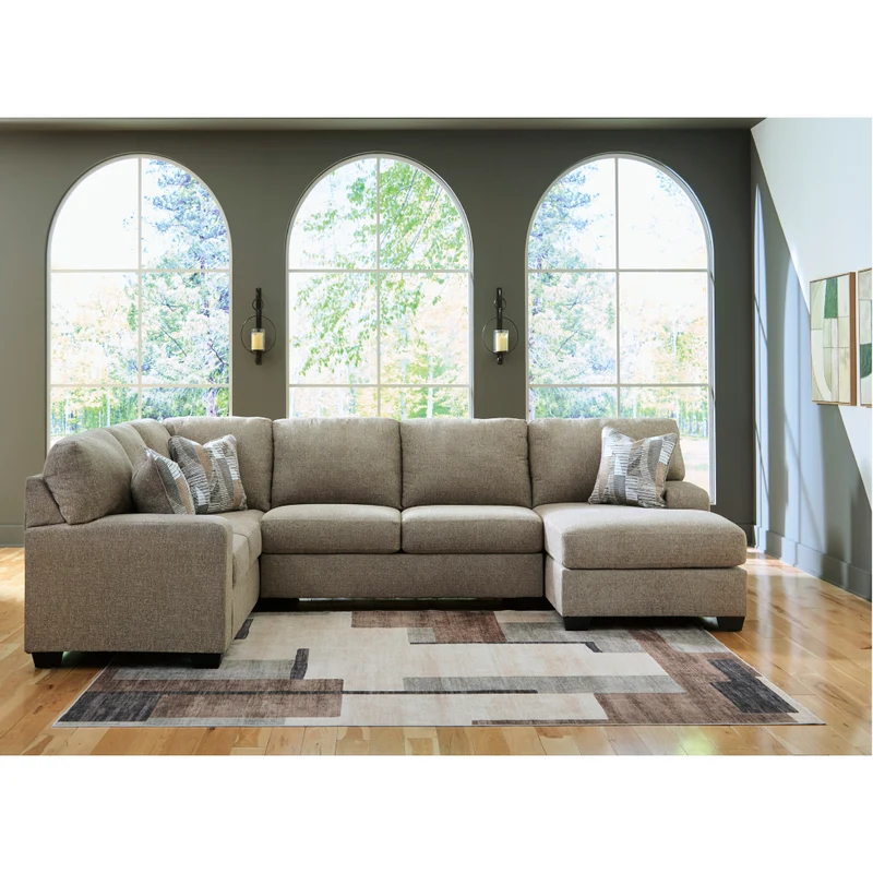 Sectionnel 3 pièces en tissu beige avec chaise longue et coussins - Newellen