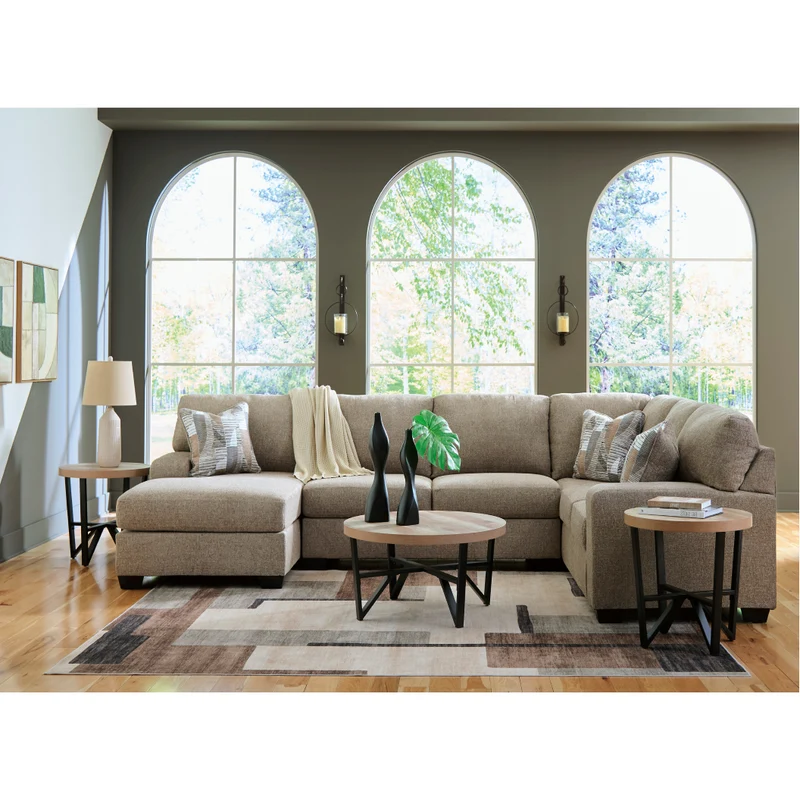Sectionnel 3 pièces en tissu beige avec chaise longue et coussins - Newellen