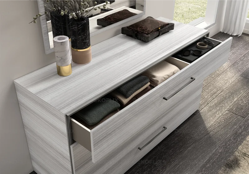 Commode 3 tiroirs gris argent laquée design - Mia