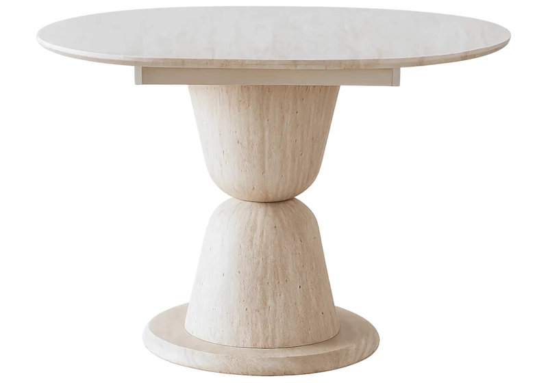 Ensemble table ronde extensible travertin et chaises cannage - Pietra