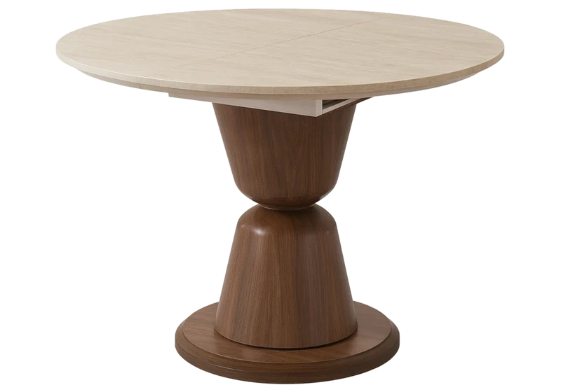 Ensemble table ronde extensible noyer travertin et chaises cannage - Pietra
