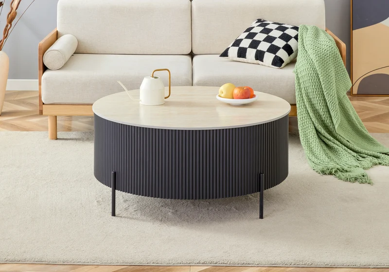 Table basse ronde travertin pied cannelé noir - Lira