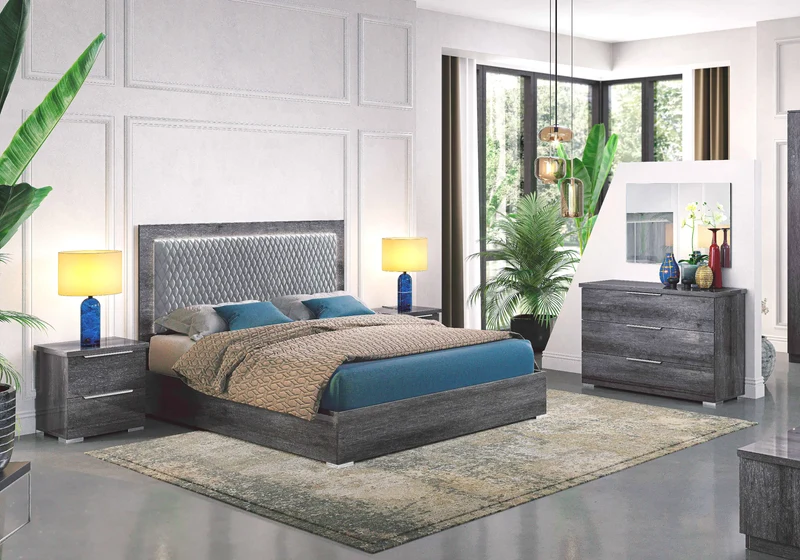 Chambre complète capitonnée bois gris foncé – LUNA
