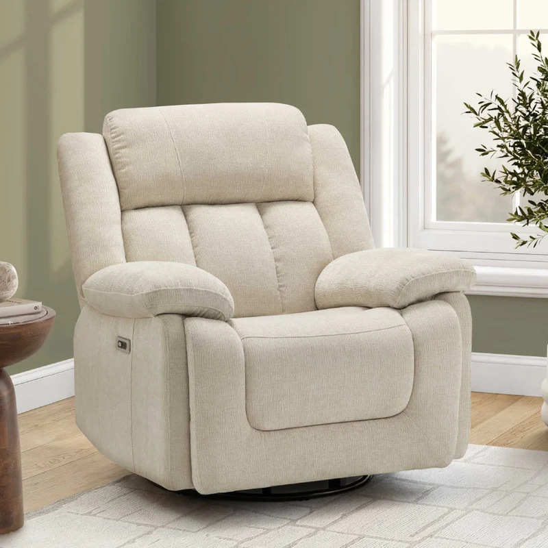 Fauteuil berçant, pivotant et motorisé en tissu avec port USB intégré