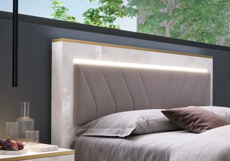 Chambre complète marbre laqué lit capitonné LED – NOEMI