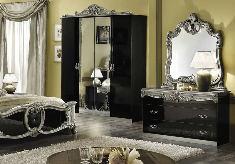 Chambre complète baroque capitonnée noir argent - KONE
