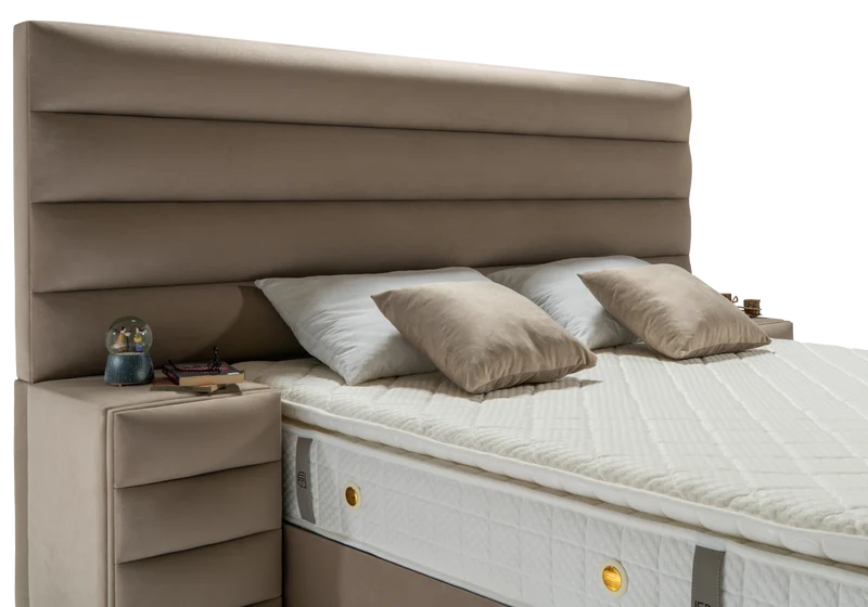 Lit coffre capitonné taupe avec système TV – WAVE