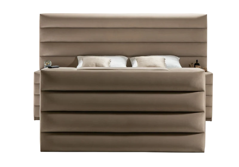 Lit coffre capitonné taupe avec système TV – WAVE