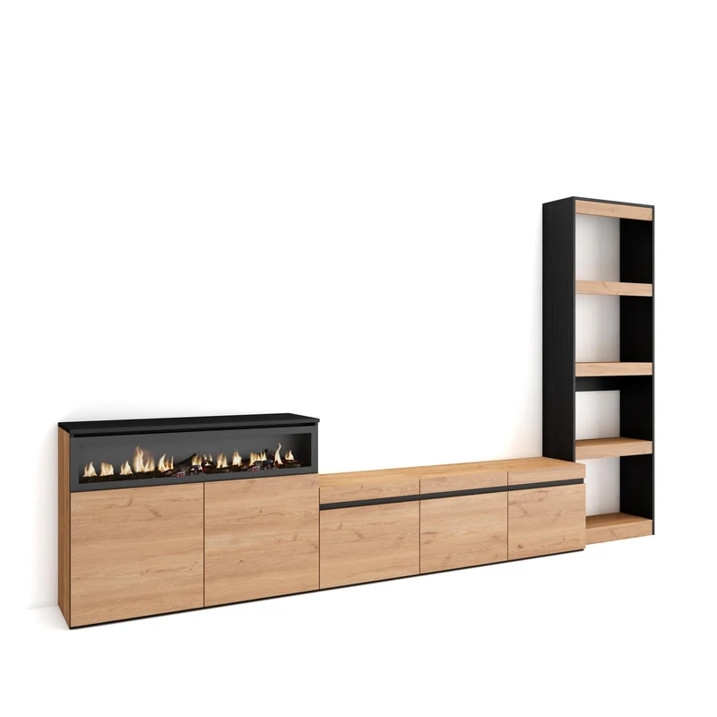 Ensemble Meuble TV - 310x186x35cm - Cheminée électrique - Pour les TV jusqu'à 65" - Chêne et noir