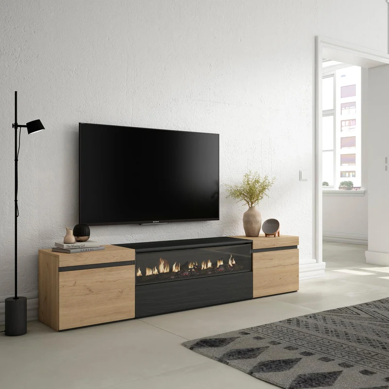 Meuble TV - 200x45x35cm - Cheminée électrique - Pour les TV jusqu'à 80"- Chêne et noir