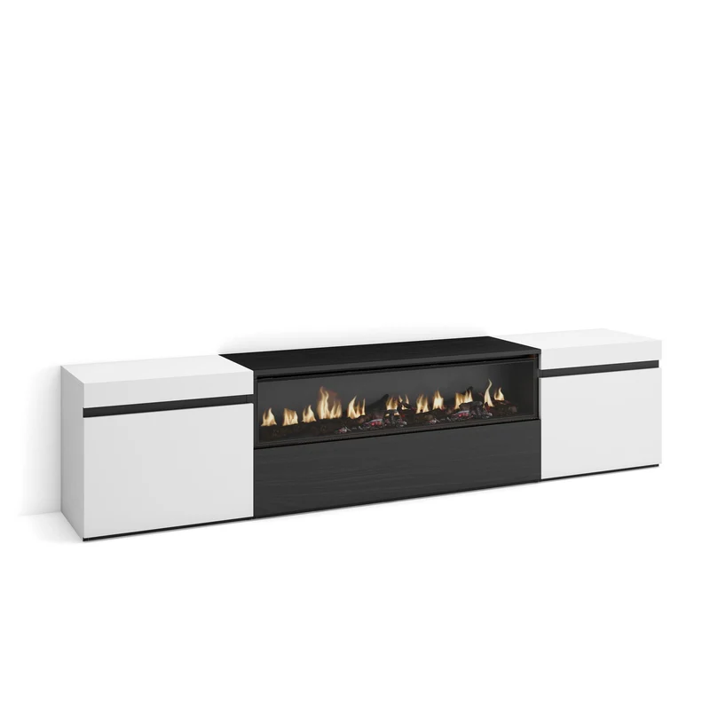 Meuble TV - 200x45x35cm - Cheminée électrique - Pour les TV jusqu'à 80"¨- Blanc et noir