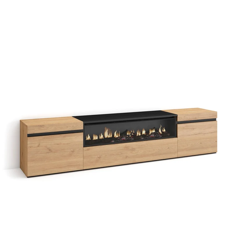 Meuble TV - 200x45x35cm - Cheminée électrique Pour les TV jusqu'à 80" - Chêne et noir