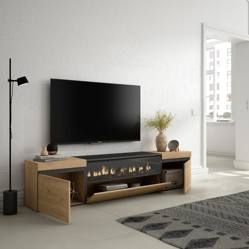 Meuble TV - 200x45x35cm - Cheminée électrique Pour les TV jusqu'à 80" - Chêne et noir