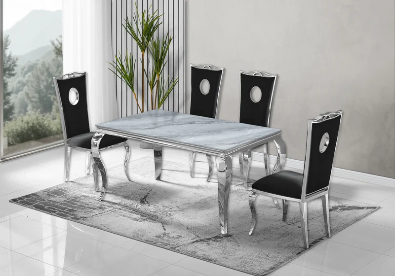 Chaise médaillon baroque argentée et velours noir - Pia x4