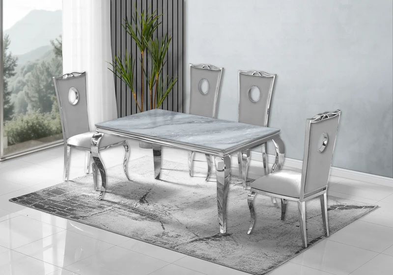 Ensemble table marbre gris et 4 chaises argent – Neo