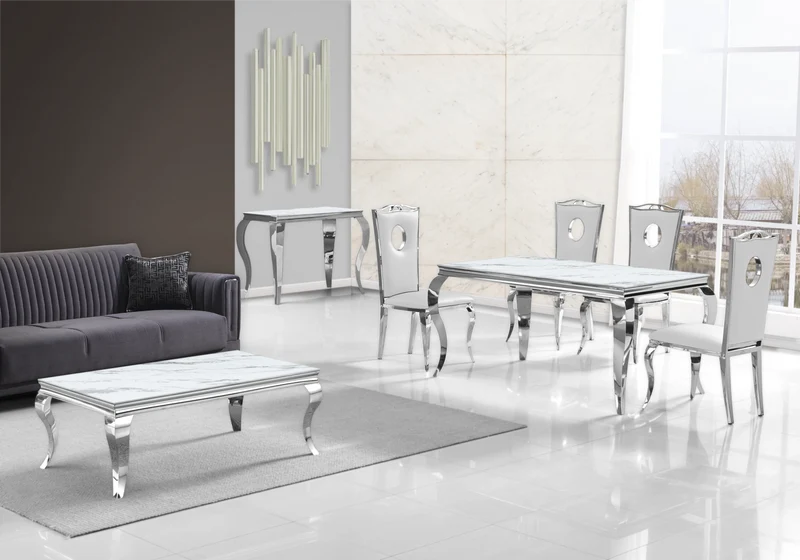 Ensemble table marbre blanc et 4 chaises argent – Neo