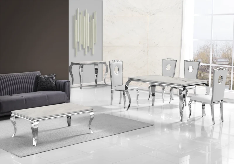 Ensemble table marbre beige et 4 chaises argent – Neo